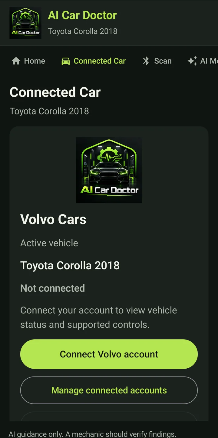 AI Car Doctor: skjermen «Tilkoblet bil» (engelsk grensesnitt)